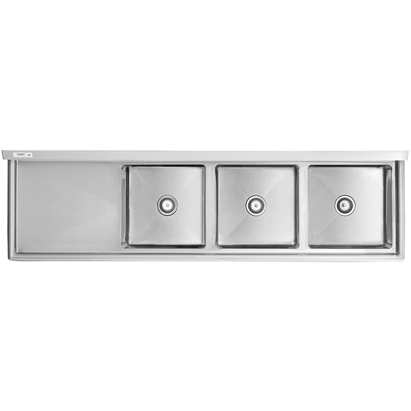 A Regency stainless steel three compartment sink on galvanized steel legs with a left drainboard.