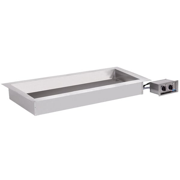 A rectangular stainless steel Alto-Shaam hot food well with a white rectangular control box.