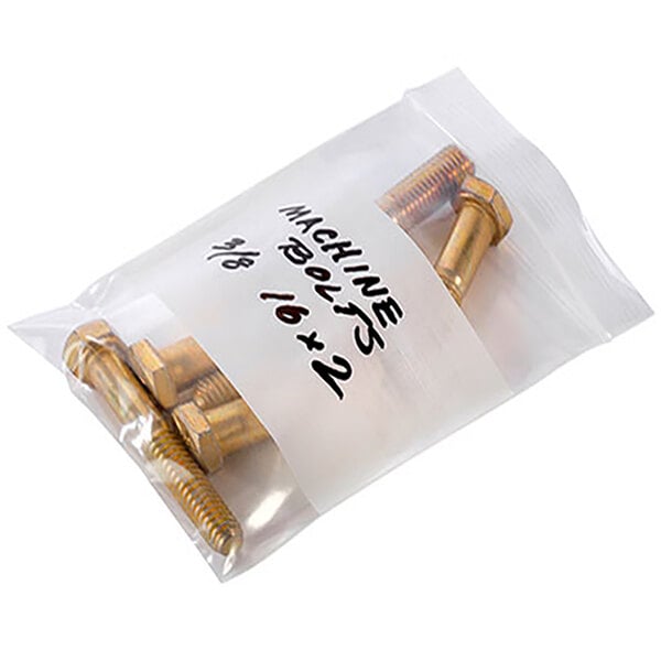 A Choice clear polyethylene bag with white block containing gold bolts.
