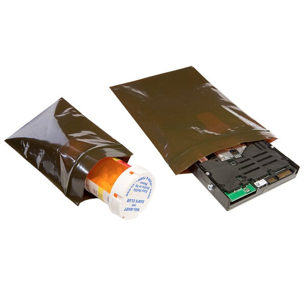 A Lavex UV-protective amber poly bag with a pill bottle inside.