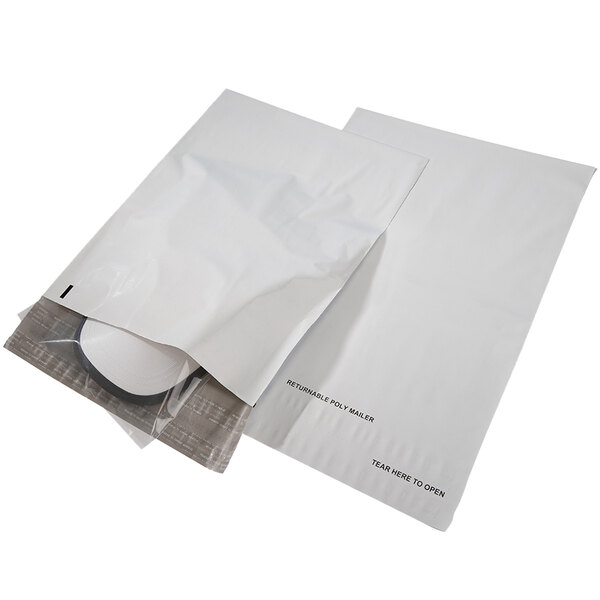 A white Lavex polyethylene mailer with a white object inside.