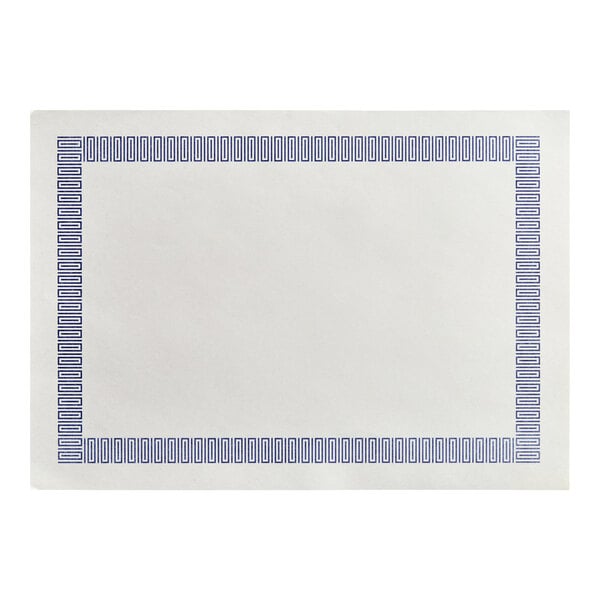 A rectangular white placemat with a blue Greek key border design.