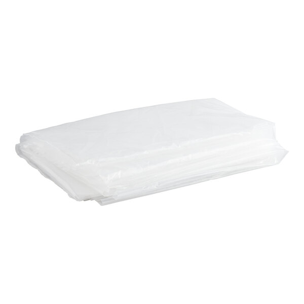 A stack of clear gusseted polyethylene pallet covers.