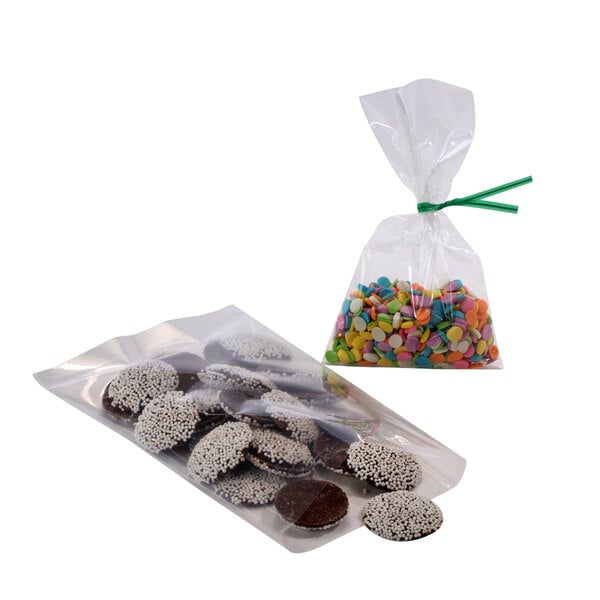 A Choice clear polypropylene bag filled with chocolate cookies with white sprinkles.