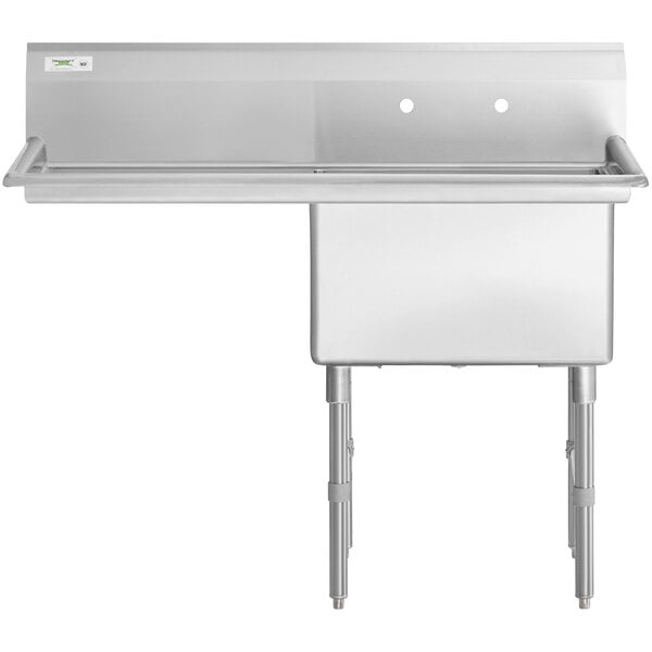 A Regency stainless steel one compartment sink with stainless steel legs and a drainboard on a metal table.