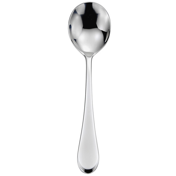 A Oneida Lumos stainless steel bouillon spoon with a silver handle.