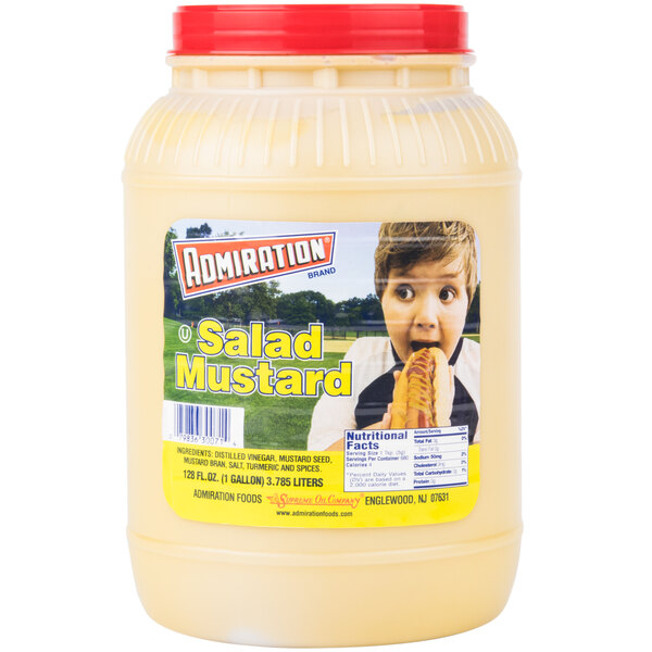 A plastic container of Admiration Yellow Mustard with a label on it.