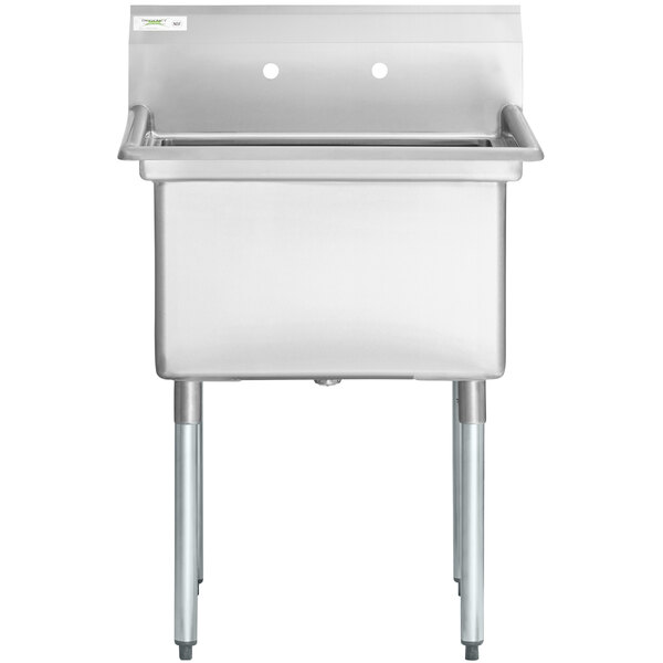 A Regency stainless steel commercial sink with galvanized steel legs on a white background.