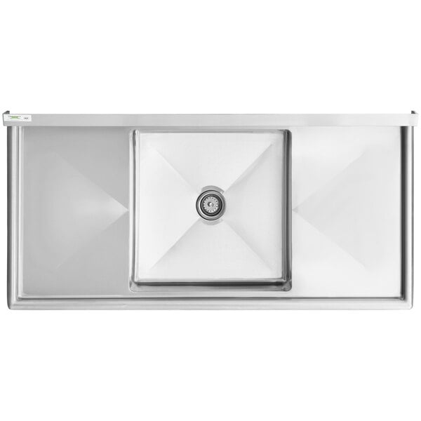 A Regency stainless steel commercial sink with a drainboard and square bowl.