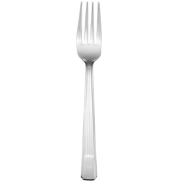 A silver fork with a white handle.