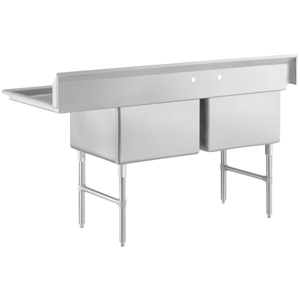 A Regency stainless steel two compartment commercial sink with stainless steel legs and cross bracing with a right drainboard.