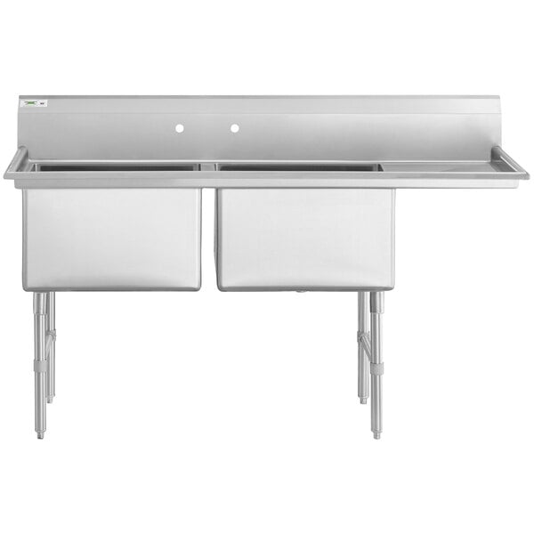 A Regency stainless steel two compartment sink with right drainboard.