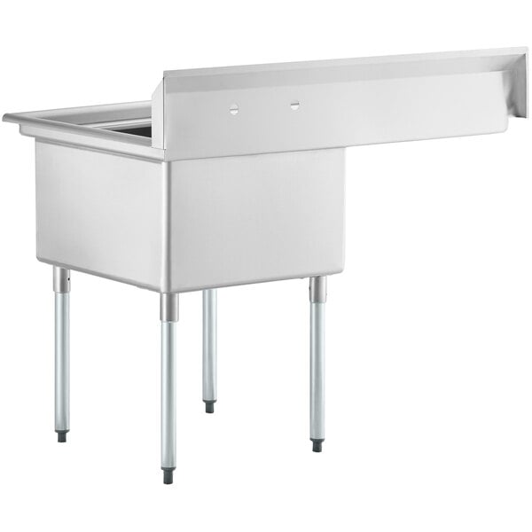 A Regency stainless steel one compartment sink with a left drainboard and galvanized steel legs.