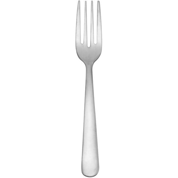 A silver fork with a white handle.