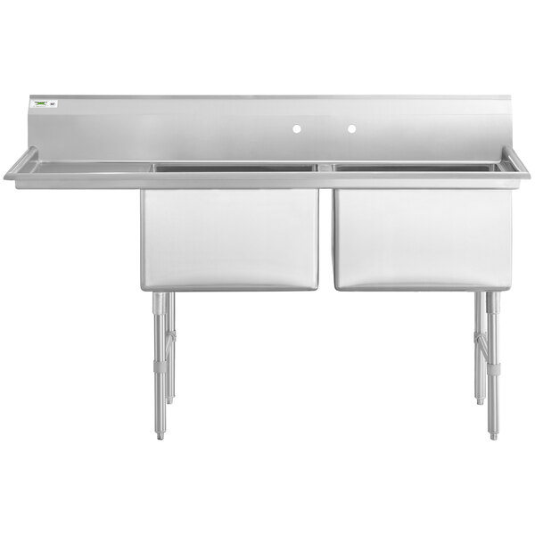 A stainless steel Regency two compartment sink with left drainboard.