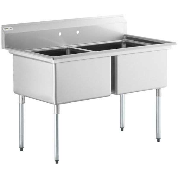 A Regency stainless steel sink with two compartments on galvanized steel legs.