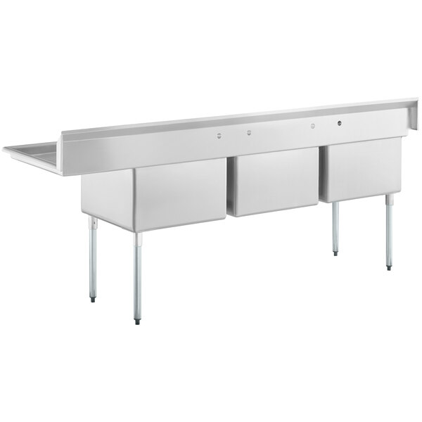 A Regency stainless steel three compartment sink with right drainboard.