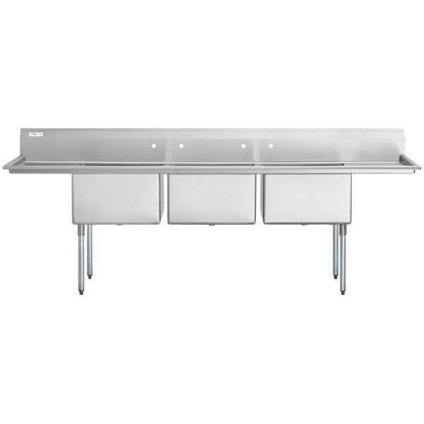 A Regency stainless steel three compartment commercial sink with drainboards.