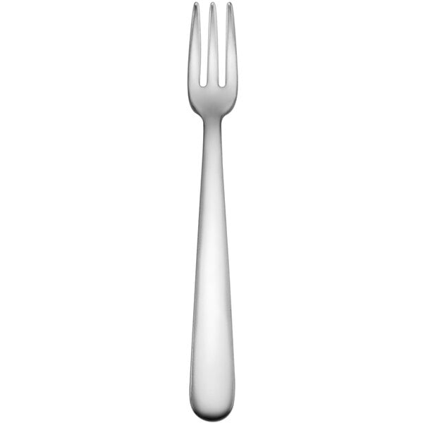 A silver fork with a white handle.