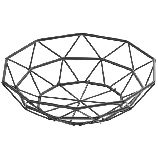A Tablecraft black stainless steel wire serving basket with geometric shapes.