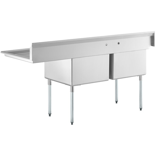 A Regency stainless steel two compartment sink with right drainboard.
