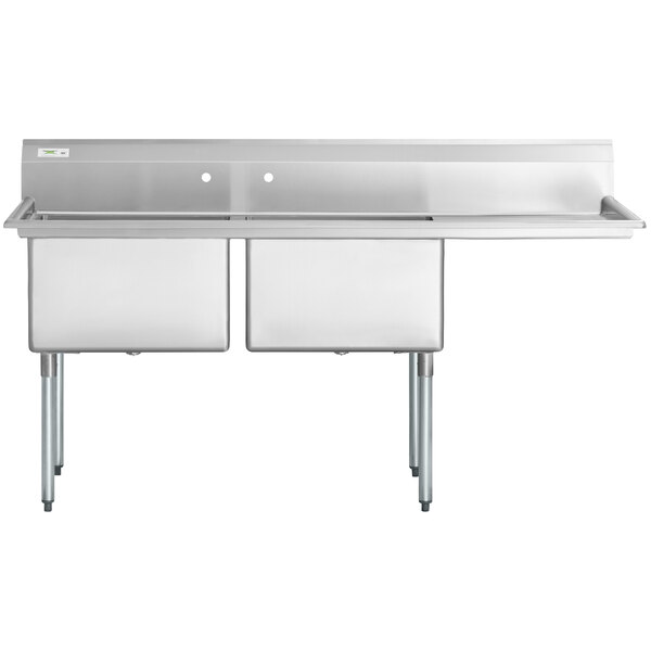 A Regency stainless steel two compartment sink with right drainboard.
