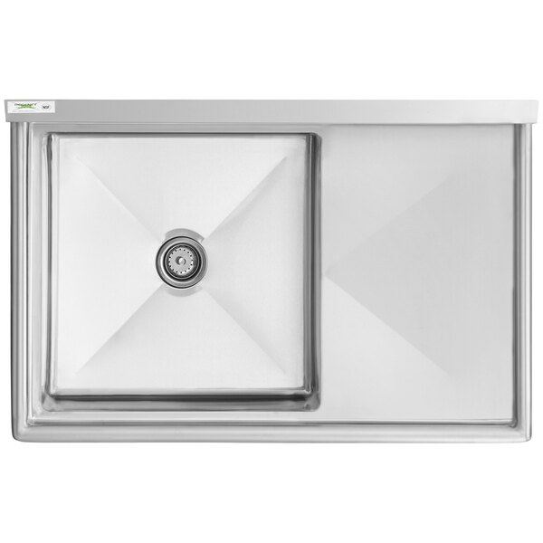 A close-up of a Regency stainless steel commercial sink with a right drainboard.