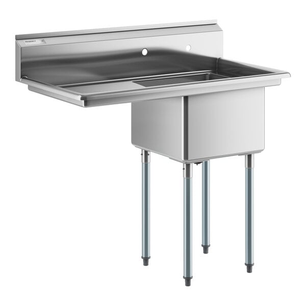 A stainless steel commercial sink with one compartment, a left-side drainboard, and galvanized steel legs.