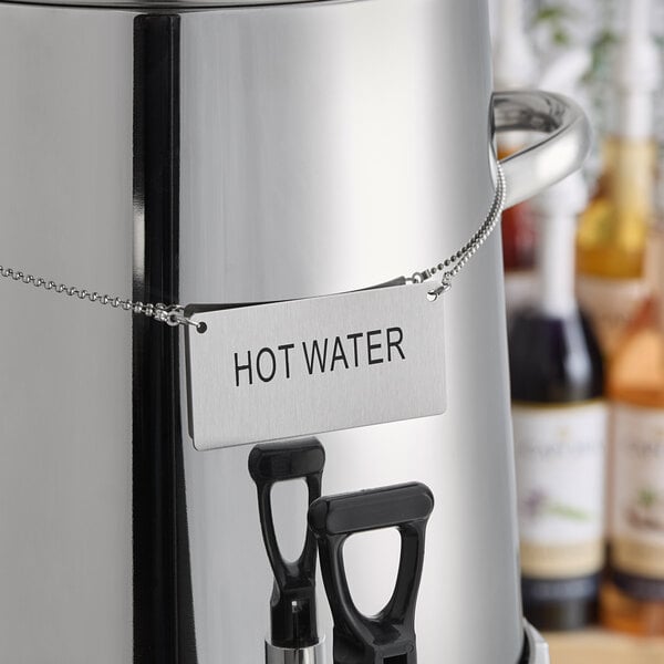 A silver Choice Coffee Chafer Urn with a "Hot Water" label on it.