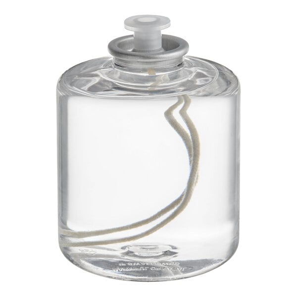 A clear liquid candle fuel cartridge with a visible wick and plastic cap.