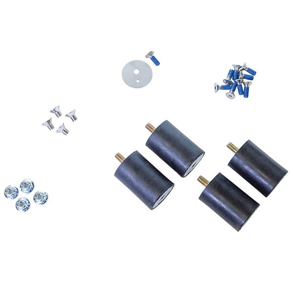 A group of black metal cylinders and screws with a black rubber cylinder with a screw in the middle.