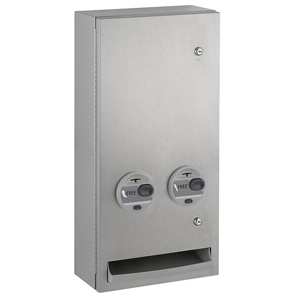 A silver stainless steel Bobrick TrimLineSeries surface mounted napkin/tampon vendor with two buttons.