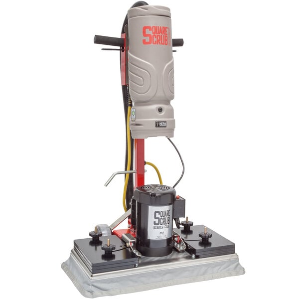 A Square Scrub machine with a red and black cylinder attached to a white HEPA dry vac.