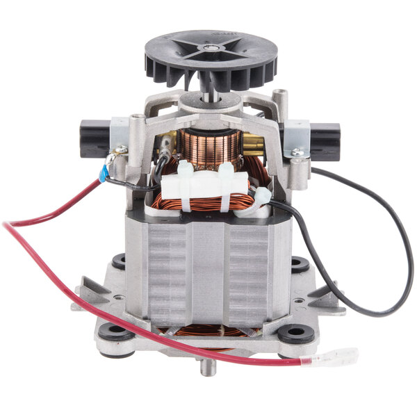 A close-up of a small metal Galaxy motor with wires.