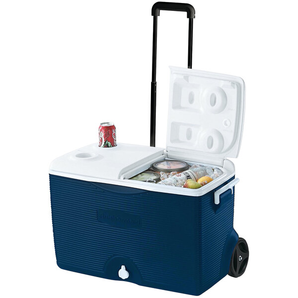 Rubbermaid FG2A9002MODBL 50 Qt. Blue Cooler with Wheels and Telescoping