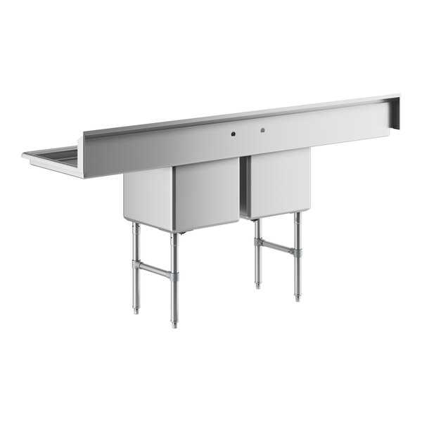 A Regency stainless steel two compartment commercial sink with drainboards and cross bracing.