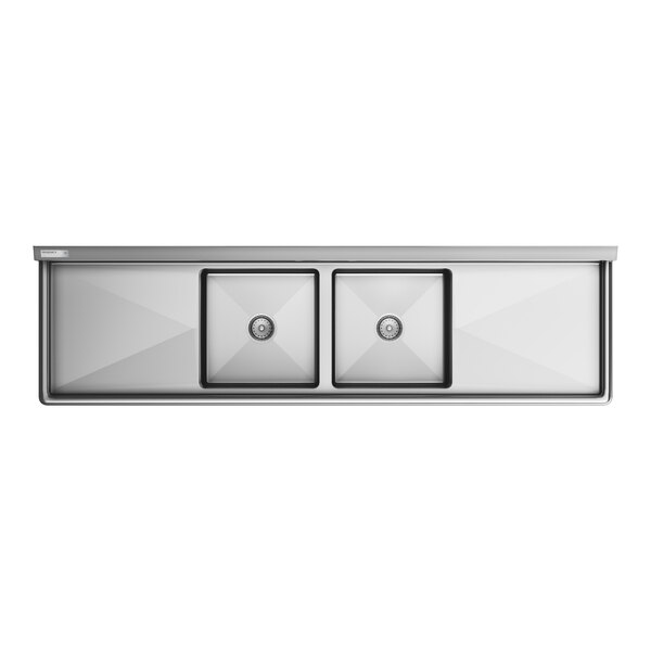 A white rectangular stainless steel Regency sink with two square compartments and drainboards.