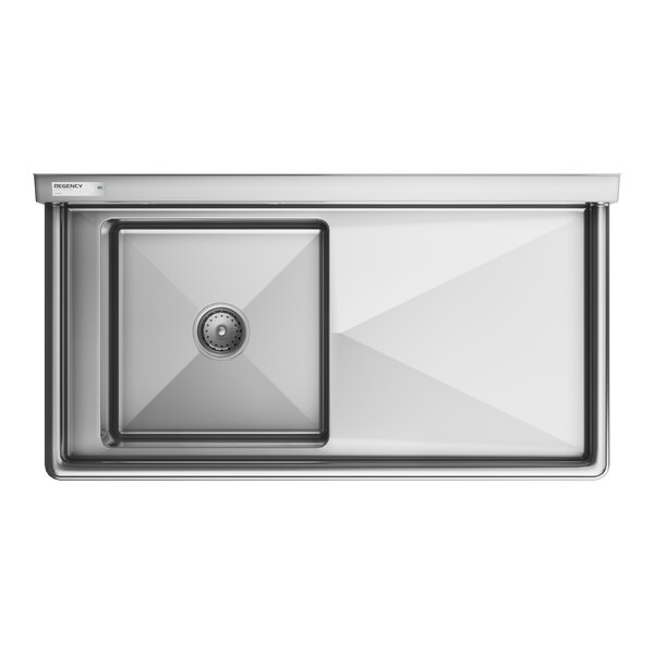 A Regency stainless steel commercial sink with a right drainboard and square drain.