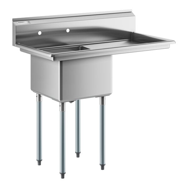 A stainless steel commercial sink with one compartment, galvanized steel legs, and a right-side drainboard.