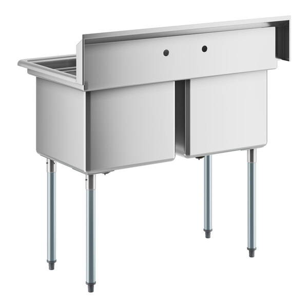 A Regency stainless steel two compartment commercial sink with galvanized steel legs.