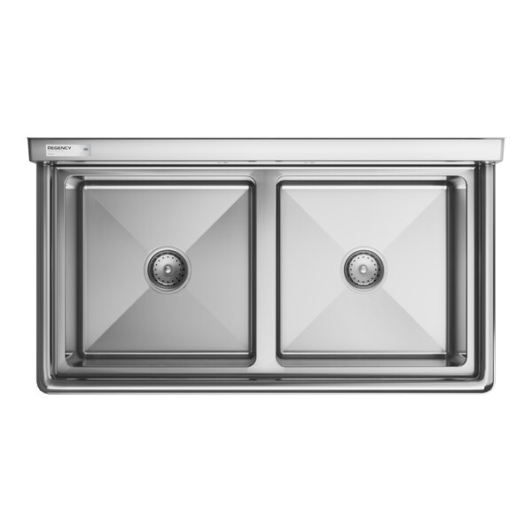 A Regency stainless steel two compartment sink with galvanized steel legs.