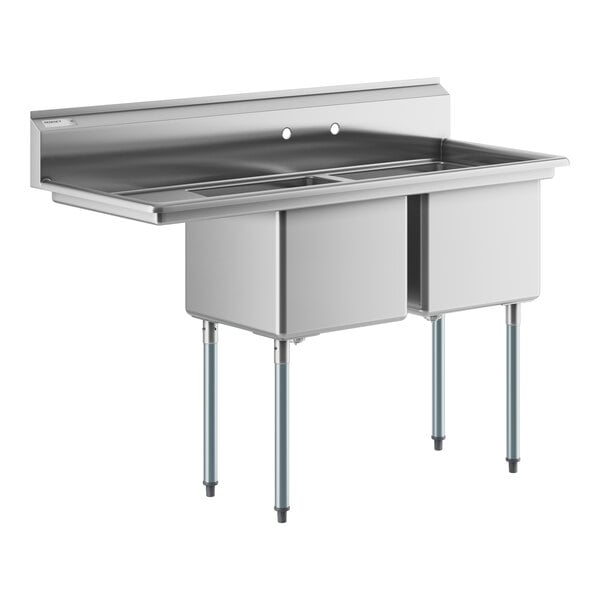 A Regency stainless steel commercial sink with two compartments and a left drainboard.