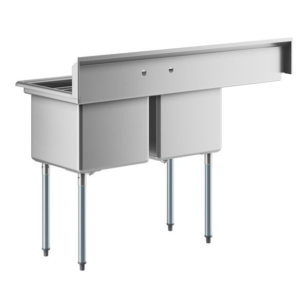A Regency stainless steel 2 compartment sink with a left drainboard and galvanized steel legs.
