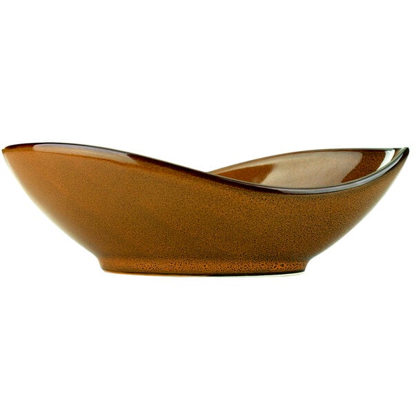 An International Tableware terracotta porcelain bowl with a curved shape and speckled brown surface.