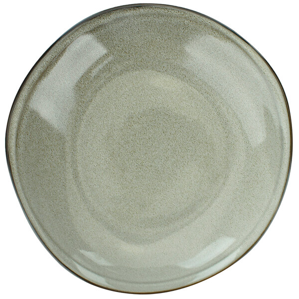 A white porcelain pasta/soup bowl with a brown rim.