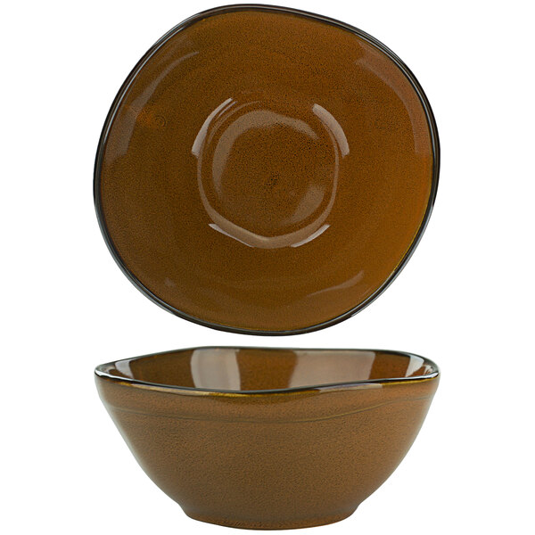 A brown bowl with a black rim.