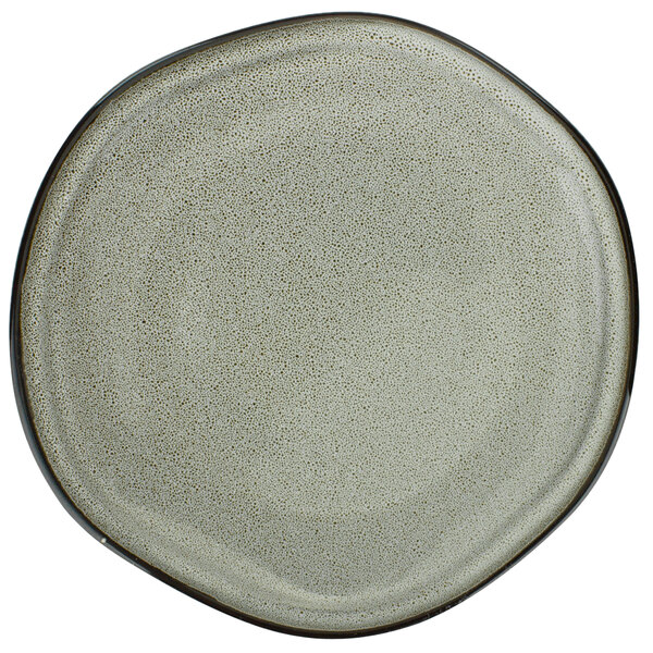 A white porcelain plate with a black rim.