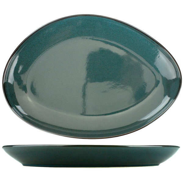 An oval porcelain platter with a dark blue border.