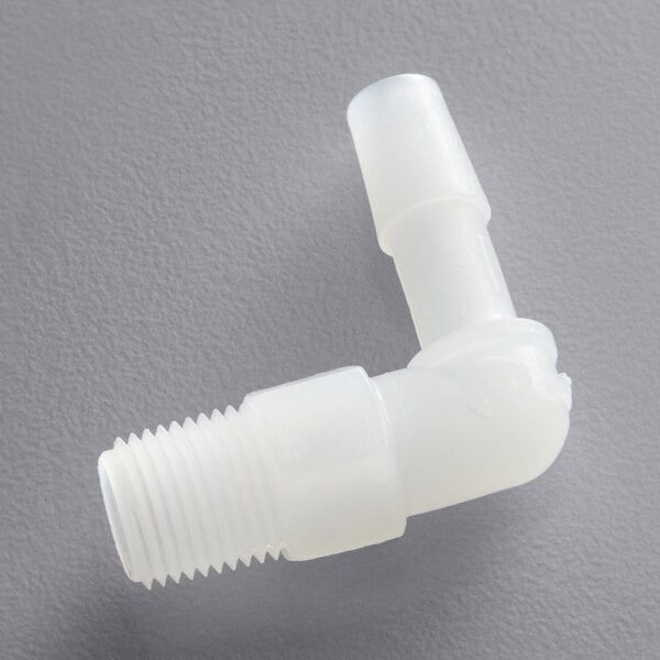 A white plastic Bunn Kynar barb elbow fitting with a nut.