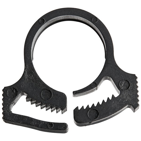 A pair of black metal Bunn snap hose clamps with teeth.